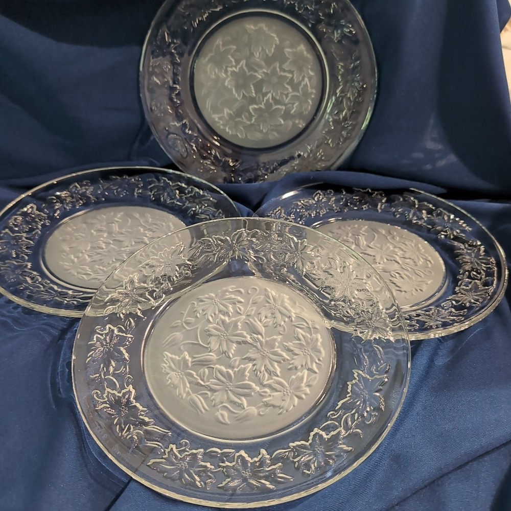 Princess House Poinsettia Frosted Center Clear Rim Glass Dinner Plates Set of 4